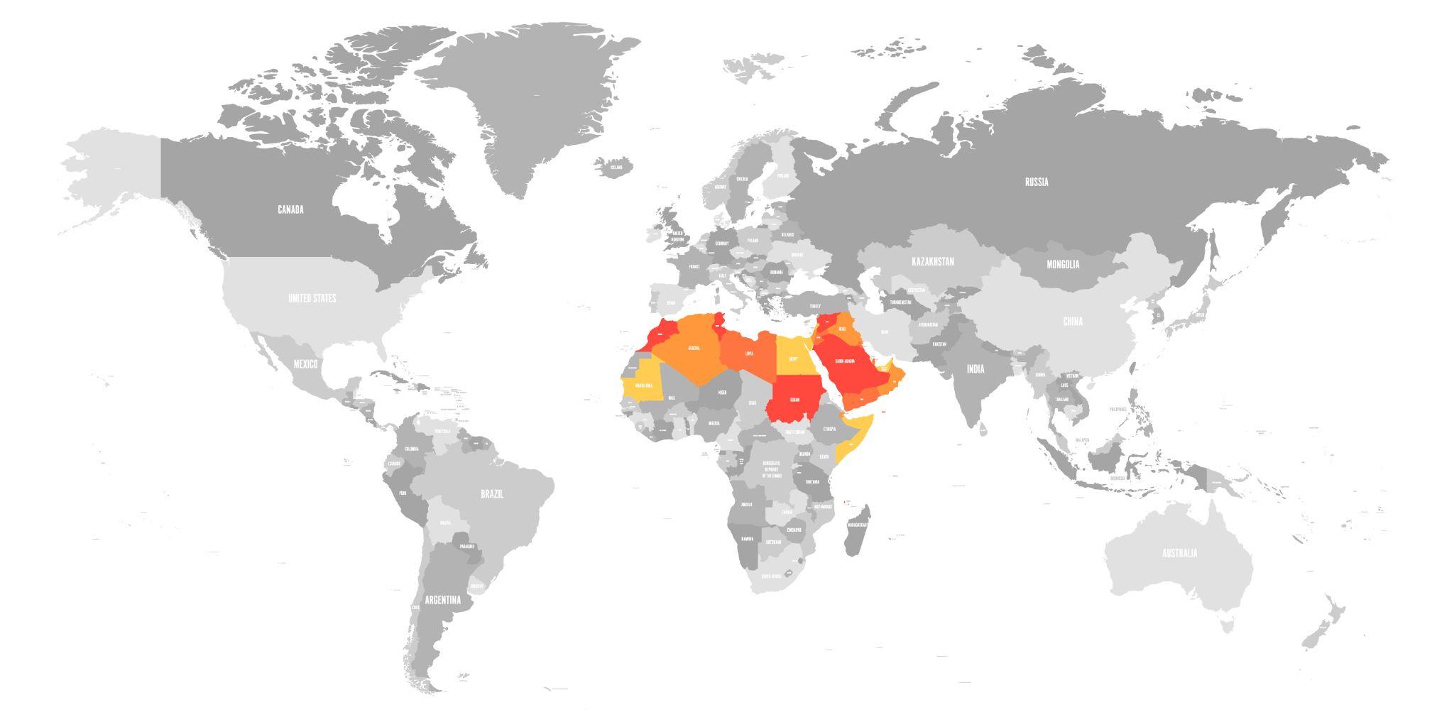 Localização dos países que integram a Liga de Estados Árabes. (Fonte: Shutterstock/Reprodução)
