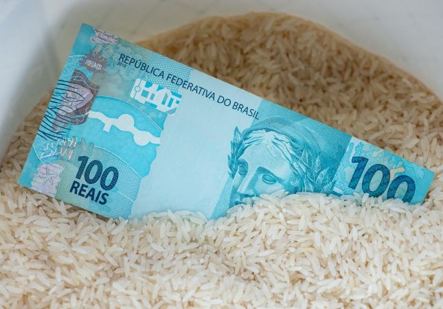 imagem de uma nota de R$ 100 reais no meio do arroz