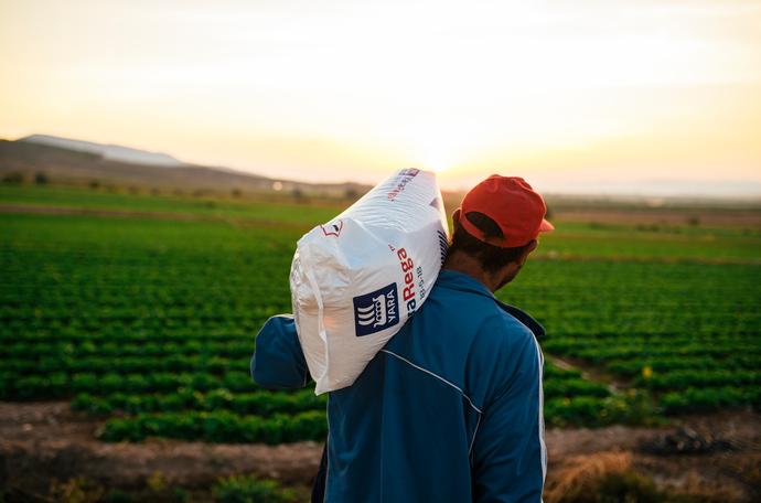 Homem de camisa jeans azul e boné vermelho carregando um saco de fertilizante no ombro, com por do sol e campo verde ao fundo