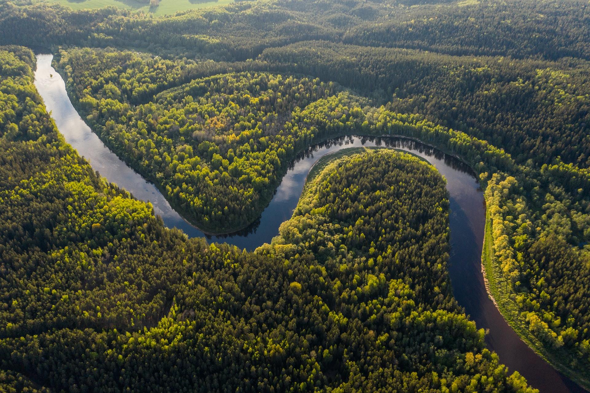 Foto aérea de um rio com curso em S, com floresta ao redor